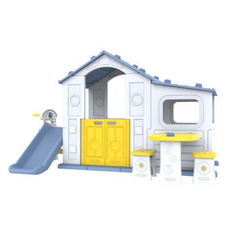 Duży Domek dla dzieci 4w1 Zjeżdżalnia Niebieski Dach CHD-508B